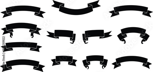 Collection of black ribbon banner silhouettes including curved and straight flag vector shapes isolated on white background for labels and titles