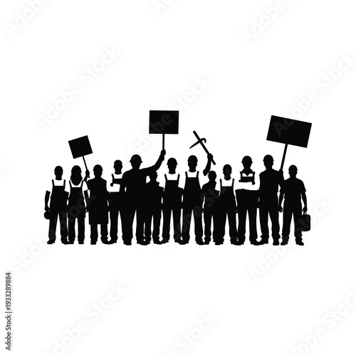 Workers protesting with picket signs and tools in unity