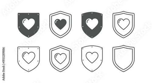 Collection of vector shield icons featuring various styles of heart symbols for protection concepts