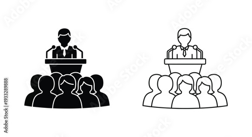 Public speaker delivering a presentation to an audience from a podium, vector illustration graphic design.
