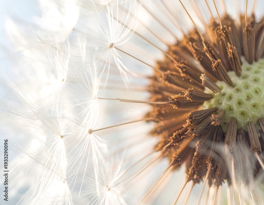 Naklejka premium Close up of dandelion seeds dispersing in air.