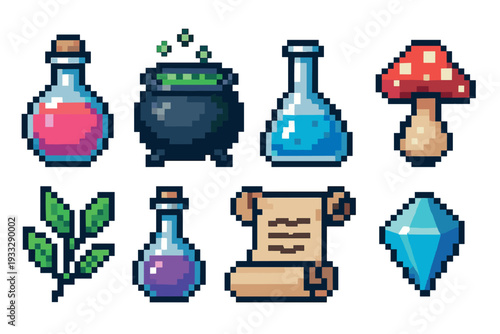 Pixel art collection of magic items featuring a bubbling cauldron, colorful potions, a crystal, a mushroom, a scroll, and a green herb for a fantasy RPG adventure