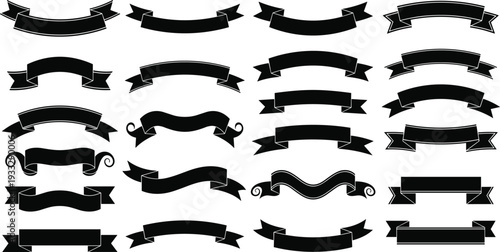 Collection of black ribbon banners and vintage scrolls vector set isolated on white background for graphic design and celebratory announcements