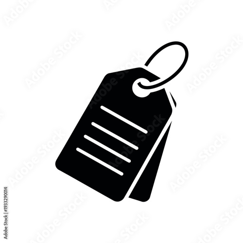 Black silhouette of two stacked price tags with lines suggesting written content.