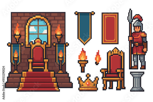 Pixel art medieval fantasy game assets set featuring a royal throne room scene, king's chair, crown, armored guard, flaming torch, and banners for a retro video game