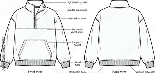 Labeled technical fashion sketch of a womens oversized quarter zip sweatshirt featuring front and back views with garment callouts,