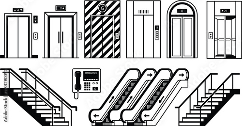 Comprehensive set of black and white elevator door icons escalators and stairs for building navigation and interior design,