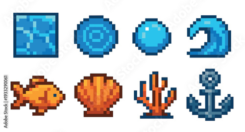 Pixel art set of sea and ocean icons featuring a water tile, bubble, wave, fish, seashell, coral, and anchor in a classic 8-bit retro video game style