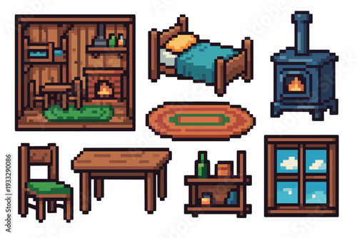 Pixel art furniture and interior objects set for a cozy cabin or home, including a bed, table, chair, stove, and window for a retro video game design