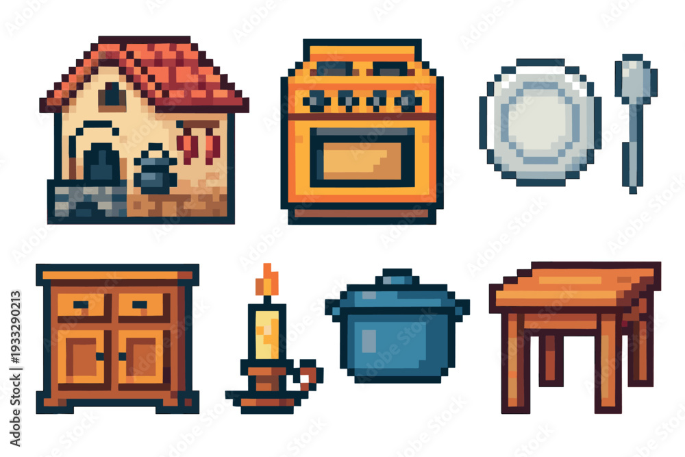 Obraz premium Set of pixel art household items and furniture icons including a house, stove, plate, spoon, cabinet, candle, pot, and table, rendered in a retro 8-bit video game style