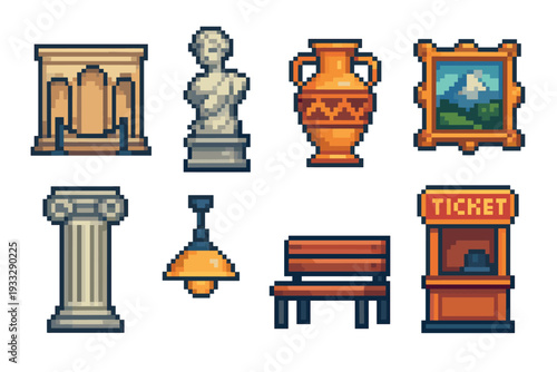 Set of pixel art museum icons featuring a classical statue, ancient vase, framed painting, and column for a retro 8-bit video game style collection of gallery exhibition sprites