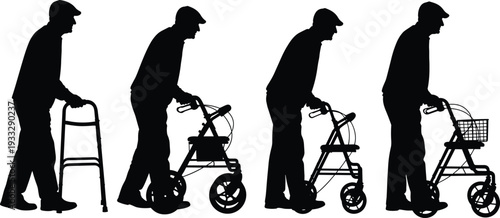 Elderly man with walker silhouette set, senior using mobility aid rollator vector illustration isolated on white background for healthcare design