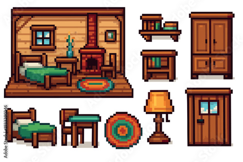 Pixel art furniture and interior asset pack for a cozy wooden cabin, featuring a bed, fireplace, wardrobe, and other items for a retro 8-bit or 16-bit video game design