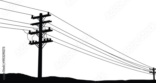 Electric utility pole silhouette vector illustration, power lines transmission infrastructure isolated on white background, industrial energy distribution concept