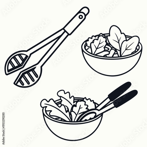Collection of line art illustrations depicting kitchen tongs and bowls of salad, perfect for food blogs and culinary websites