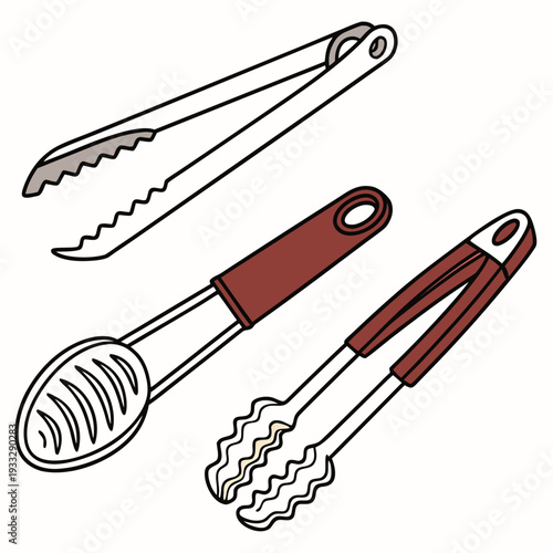 Various kitchen tongs set different designs cooking utensil collection for gripping food prep and serving in home kitchen