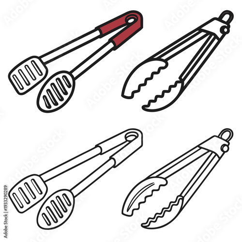 Kitchen tongs set various types for cooking and serving food including slotted and grill tongs in outline and color