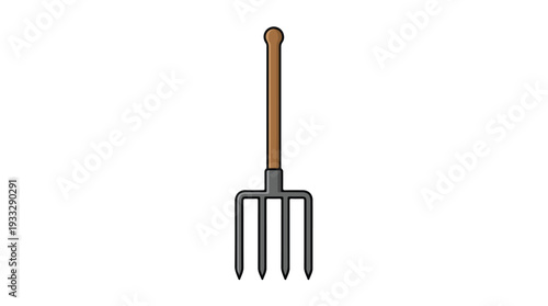A garden fork with a wooden handle and metal prongs against a plain white background.