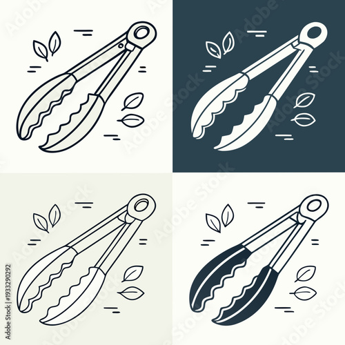 Stylized graphic designs of kitchen tongs with salad leaves, featuring four variations in outline and solid fill for diverse applications