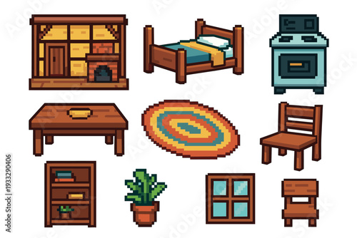 Pixel art furniture and house items set for a retro video game design, featuring a bed, table, chair, and other interior elements for a cozy home scene