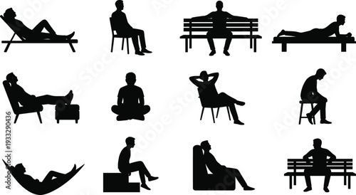 Set of black silhouettes of people sitting on chairs benches and hammocks in various relaxing and resting poses,
