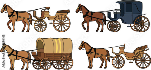 Mega set of vintage horse drawn carriage and stagecoach vectors including royal buggies wagons and historical transportation travel icons,