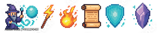 Pixel art fantasy game icon set featuring a wizard, magic spells, a scroll, a shield, and a crystal for a retro video game interface or asset collection