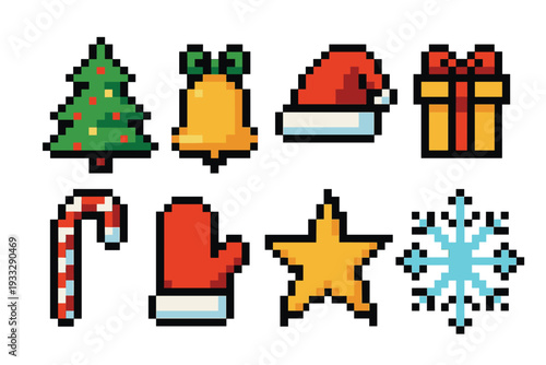 Colorful pixel art Christmas icon set featuring a tree, bell, Santa hat, gift, candy cane, mitten, star, and snowflake in a retro 8-bit video game style for holiday designs