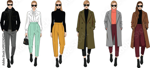 Fashionable men and women walking runway vector illustration, trendy autumn winter outfits collection isolated on white background stylish models