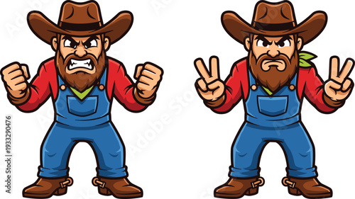 Angry and friendly farmer character mascot showing different emotions isolated vector illustration cartoon rural agriculture branding design concept