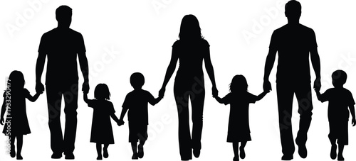 Family silhouette of parents and children holding hands walking together isolated on white background, happy unity concept vector illustration