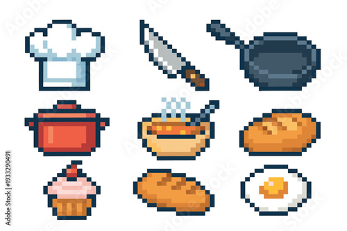 Set of pixel art cooking icons featuring a chef hat, knife, pan, pot, soup, bread, cupcake, and fried egg in a retro 8-bit video game style illustration