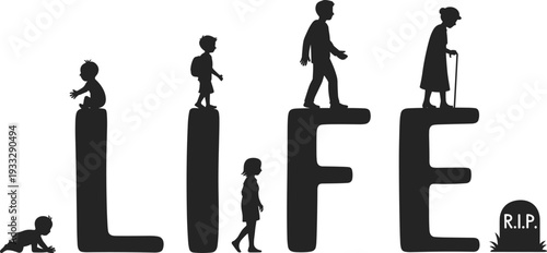 Life stages silhouette concept with human growth from baby to elderly, depicting aging process, generation cycle, mortality, and lifespan journey illustration