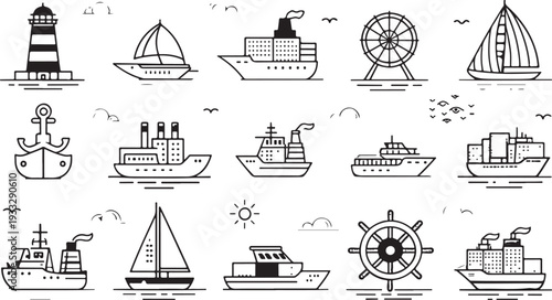 boat icon design set, Ship and Boat Icons. Contains such icons as Contains such icons as yacht, cruise, cargo shipping, ferry, schooner, water scooter Boat outline icon set. 