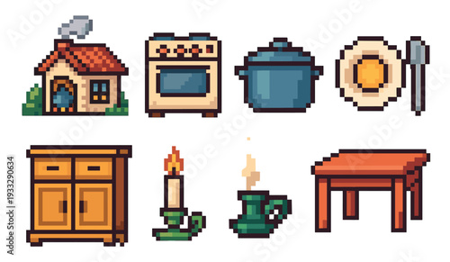 Collection of pixel art home icons featuring a house, stove, cooking pot, furniture, and food in a nostalgic 8-bit video game aesthetic