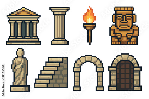 Set of ancient civilization pixel art icons including a temple, column, torch, idol, statue, stairs, arch, and gate for a retro video game or fantasy project