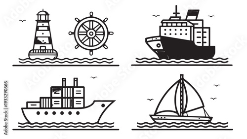boat icon design set, Ship and Boat Icons. Contains such icons as Contains such icons as yacht, cruise, cargo shipping, ferry, schooner, water scooter Boat outline icon set. 