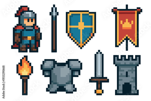 Pixel art medieval fantasy game icons set with a knight, armor, sword, shield, spear, castle tower, torch, and royal banner for a retro 8-bit video game interface design