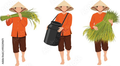 Asian rice farmer carrying harvested paddy bundle and container wearing traditional conical hat isolated on white background agriculture vector illustration set