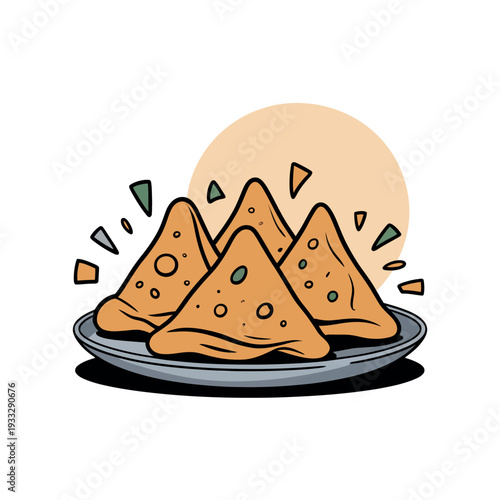 Four crispy triangular samosas rest on a small plate ready for a delicious snack.