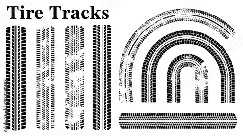 Grunge Tire Tracks Vector Set with Wheel Braking Marks, Truck, Car and Motorcycle Tread Pattern Silhouettes for Auto Race, Motorsport and Speed Racing Design