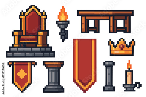 Collection of pixel art medieval royalty assets featuring a golden throne, crown, flaming torch, and banners, created in a classic 8-bit video game sprite design