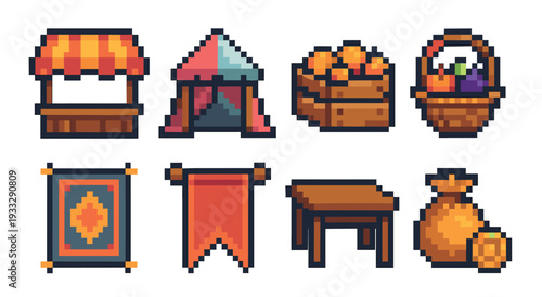 Pixel art icon set of medieval market items including a stall, tent, crate of fruit, basket, rug, banner, table, and sack for a fantasy video game asset collection