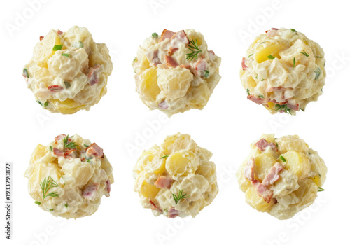 Six scoops of creamy potato salad with diced ham, boiled potato chunks, chopped onion and dill, arranged on a transparent background