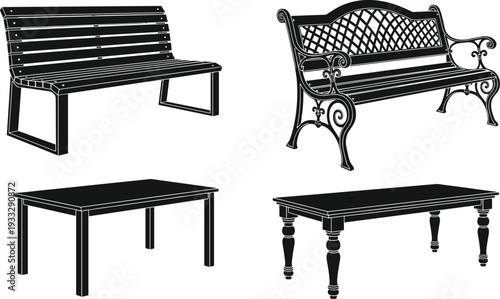 Bench and table silhouettes set classic and modern furniture designs isolated vector illustration interior home decor equipment concept