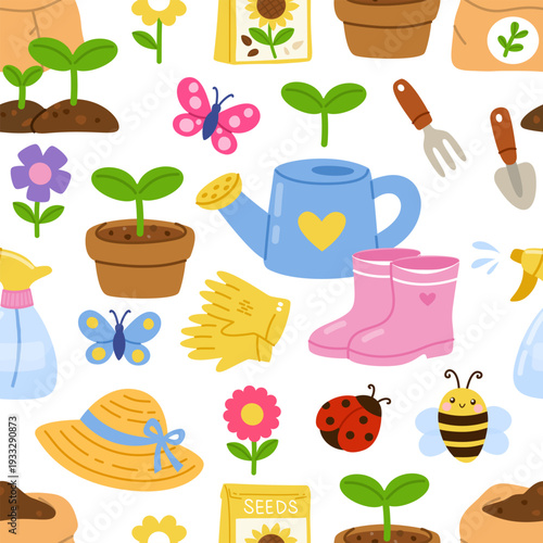 Seamless pattern with gardening elements. Watering can, rubber boots, seeds, seedlings, flowers and insects on white background. Perfect for spring and summer design. Flat vector illustration.