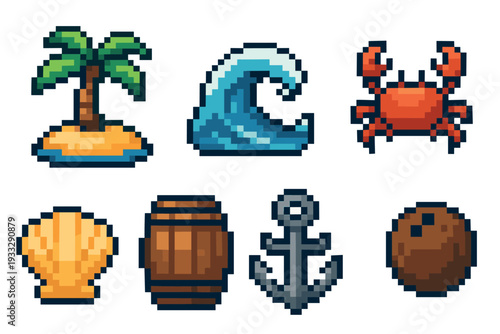 Set of pixel art icons featuring a palm tree on an island, ocean wave, crab, seashell, barrel, anchor, and coconut in a retro 8-bit video game style for a summer or pirate theme