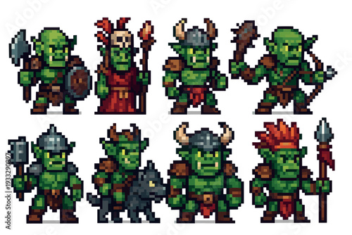 Pixel art set of green orc warrior characters in a retro 8-bit style, featuring a shaman, archer, and beastmaster with various weapons and armor
