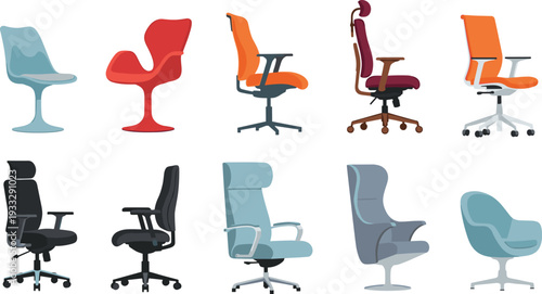 Set of modern office chairs and ergonomic lounge armchairs in various colors and styles, professional workspace furniture vector illustration for interior design