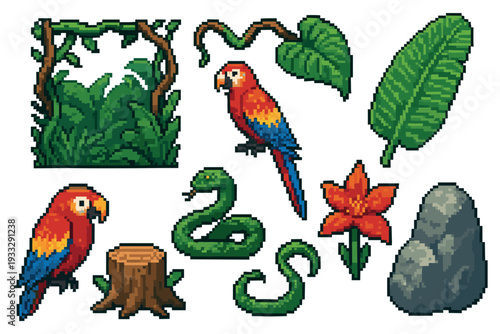 Pixelated jungle wildlife and nature assets featuring a scarlet macaw parrot, a coiled green snake, tropical foliage, a tree stump, and a stone in a retro 8-bit video game style